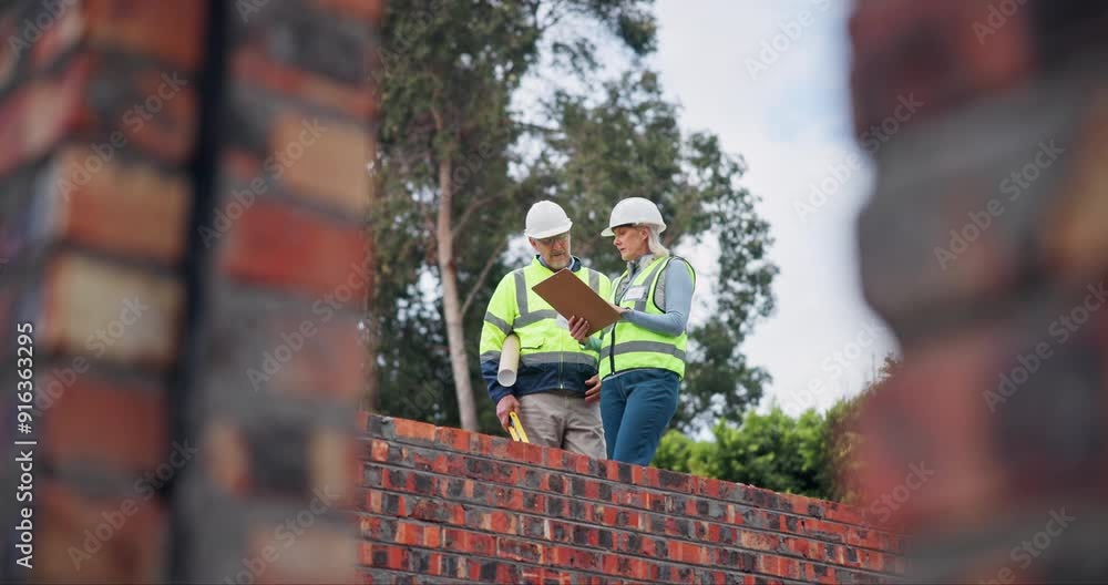 Poster planning, teamwork and architecture at construction site with floor plan development, renovation or 