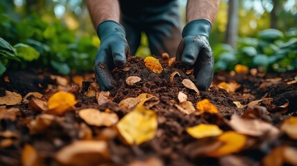 Gardener's Hands Tending to Rich Soil Amidst Autumn Leaves, Symbolizing the Connection with Nature and the Process of Nurturing the Earth