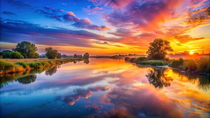 sunrise over the river with colorful sky reflecting on the water, sunrise, river, water, colorful, sky, reflection