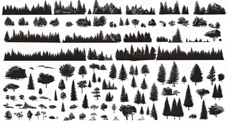 Various silhouettes of trees and rocks for nature illustrations or design projects.