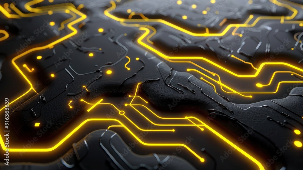 Poster 3d abstract background with neon yellow circuit patterns illuminating a smooth, charcoal gray surfac