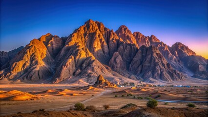 Night time view of the majestic mountains in Egypt's Sinai Peninsula before sunrise, showcasing the mountain of Moses