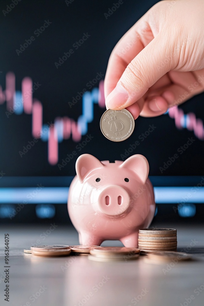 Poster a simplified visual of a hand placing a coin into a piggy bank, with a stock market chart in the bac