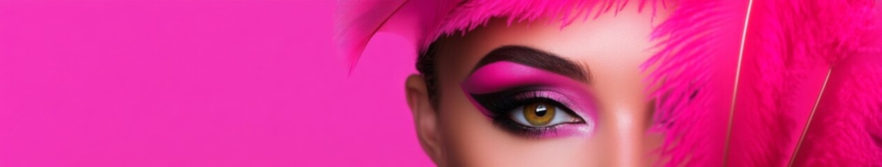 Radiant Beauty: A Woman with Vibrant Pink Makeup and a Feather in Her Hair, Set Against a Pink Background, Exemplifying Fashion, Creativity, and Artistic Concepts