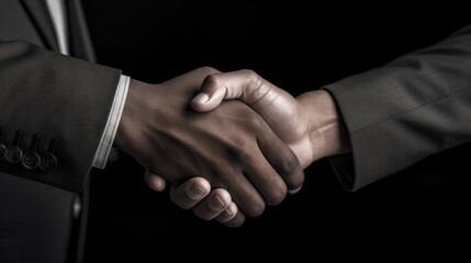 photograph of a black and white photo of a business handshake between