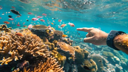 Fototapeta premium A close-up of a snorkeler pointing at a school of fish swimming around vibrant coral