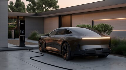 Electric Future: A sleek, futuristic electric car charges at a modern home charging station, symbolizing sustainable transportation and a cleaner tomorrow.  