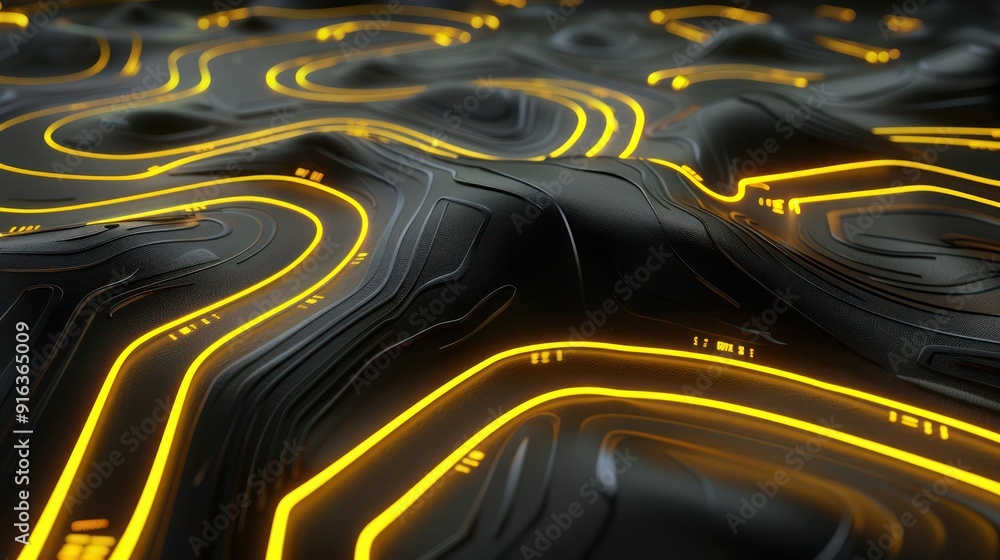 Aufkleber a futuristic 3d abstract background with neon yellow circuit patterns illuminating a smooth, charcoa