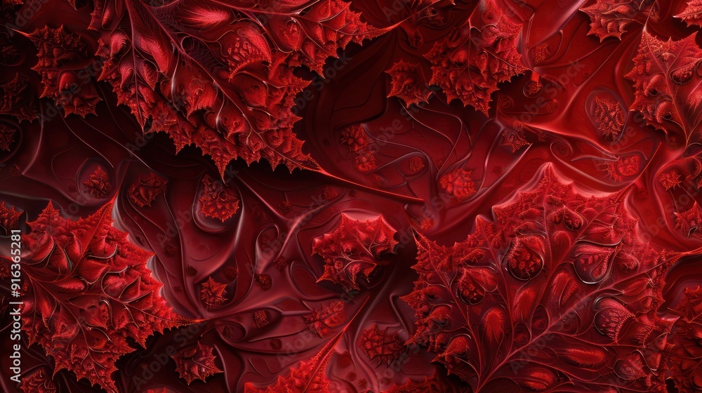 Poster abstract background, intricate fractal geometries in tonal variations of deep reds, forming a captiv