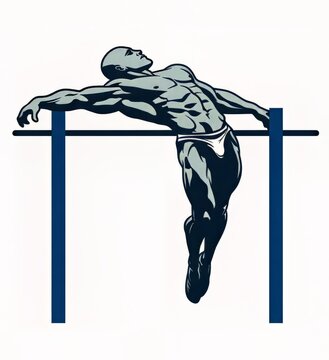 Muscular male athlete performing a dramatic pose on parallel bars.