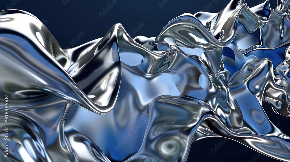 Poster a futuristic 3d abstract background with silver biomorphic shapes, morphing and cascading like liqui