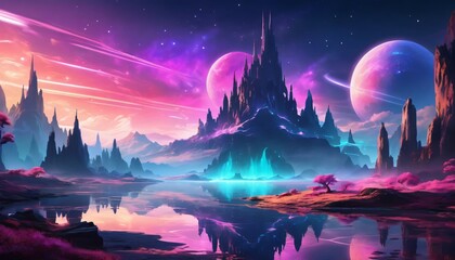 Glowing Neon Landscapes in Digital Abstract Art