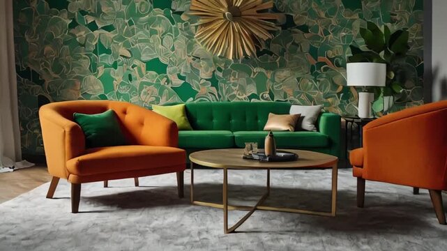 Bright colored interior. Two orange fashion armchair in a fray and green living room 