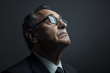 Obraz premium The image portrays a thoughtful man in a dark suit looking upwards, wearing glasses, set against a moody dark gray background with a focus on details like his hair texture and facial expression