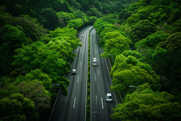 Fototapeta premium Aerial View of a Verdant Highway Surrounded by Lush Green Forests in a Serene Landscape