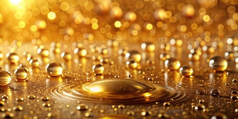 Obraz premium Water drops glistening on a luxurious golden background, water, drops, golden, background, metal, shiny, reflection