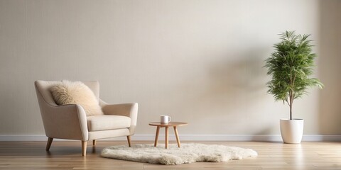 Fototapeta premium Minimal relaxed space with earthy tones and a beige sheepskin club armchair , rendering, minimalistic