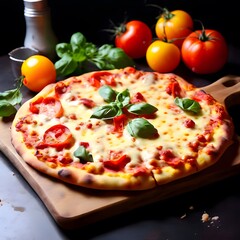 pizza with salami and vegetables. pizza on a table, pizza on a board, tasty spicy cheese pizza....