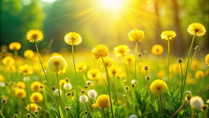 Fototapeta premium Cute fluffy yellow wildflowers in nature on a sunlit meadow , wildflowers, nature, meadow, sunny, spring, summer, yellow, soft