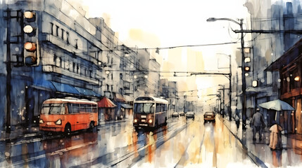 Naklejka premium Rainy Day Streets watercolor style