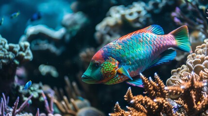 A close-up of a snorkeler pointing at a school of fish swimming around vibrant coral