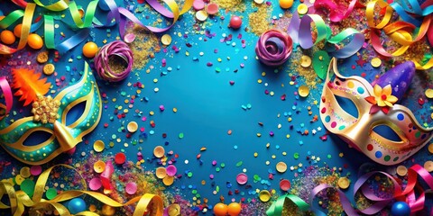 Fototapeta premium Colorful New Year's Eve carnival card with confetti, masks, and streamers, New Year, Silvester, party