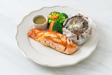 grilled salmon steak with bake potato