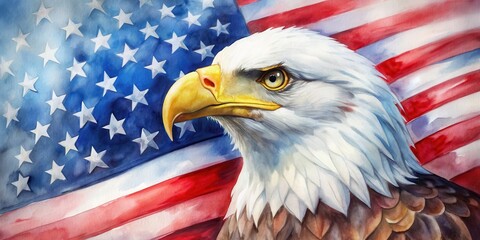 Watercolor painting of an eagle with American flag in the background, eagle, American, flag, watercolor, painting, patriotic