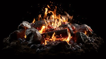 campfire with flames dancing and crackling each spark and ember clearly visible. isolate black background.