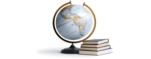 Multilingual and cultural design for Translation Day, globe with books, isolated on white background, more clarity with clear light and sharp focus, high detailed