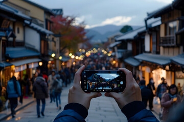 Fototapeta premium People who take pictures of the streets on their phones while traveling