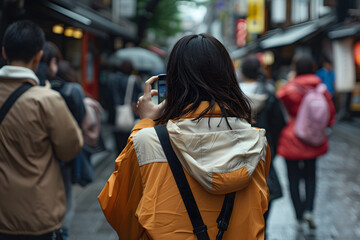 Fototapeta premium People who take pictures of the streets on their phones while traveling