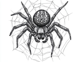 Obraz premium Black and white Vintage engraved art of a spider crawling on a web with intricate details, isolated on white background, ink sketch illustration, simple vector art design, highly detailed line art