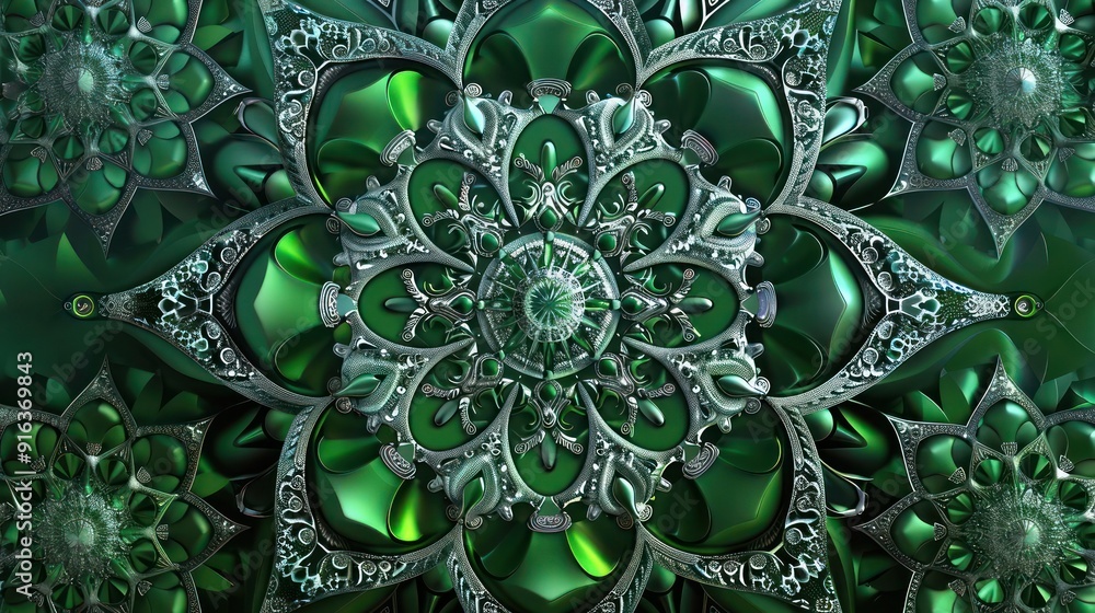 Poster a mesmerizing 3d abstract scene featuring intricate green and silver mandala patterns, perfectly sym