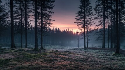 Fototapeta premium A serene forest at dawn, shrouded in mist, with towering trees silhouetted against a vibrant sunrise.