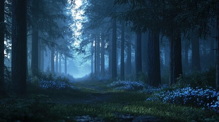 Obraz premium A serene forest pathway illuminated by soft blue light, surrounded by lush trees and gentle wildflowers, evoking a sense of peace.