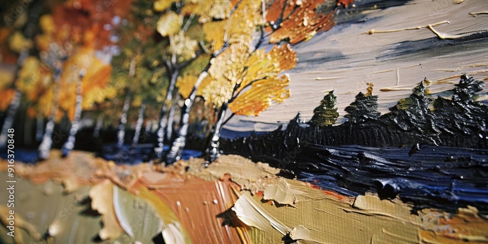 Poster a painting of a forest with trees and a river
