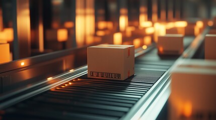 Generative AI, cardboard box packages moving along a conveyor belt 