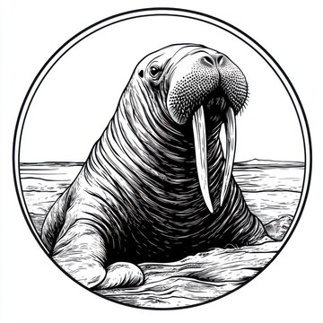 recommend clip art: Black and white Vintage engraved art of a walrus in a circular stamp logo style, isolated on white background, ink sketch illustration, simple vector art design, highly detailed line art