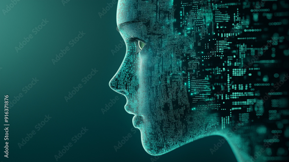 Poster a digital portrait of a a robot face made of circuit boards and binary code, blue, green, black pale