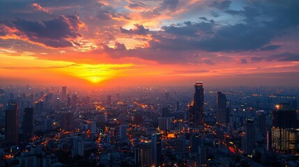 Obraz premium Breathtaking sunset over a vibrant city skyline, showcasing a blend of urban lights and colorful clouds in a dramatic evening sky.