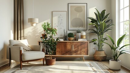 Modern cozy living room with art, beige armchair, vintage wooden commode, and personal touches. Creative wall, floor rug. Template.