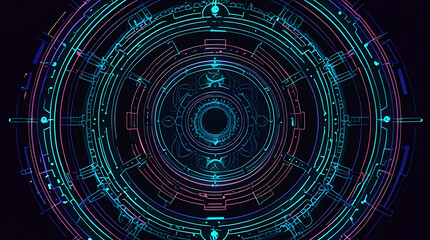 Obraz premium Futuristic Mandala with Neon Glows and Digital Patterns on a Dark Background, Featuring Generous Copy Space for Text or Informational Elements