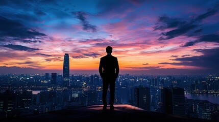 Fototapeta premium Silhouette of a business person gazing at a vibrant city skyline during sunset, signifying ambition and inspiration.