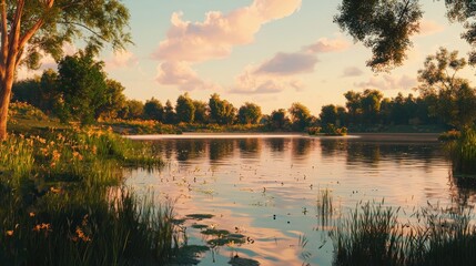 Obraz premium Serene landscape with a tranquil lake reflecting the colorful sky and surrounded by lush greenery at sunset.