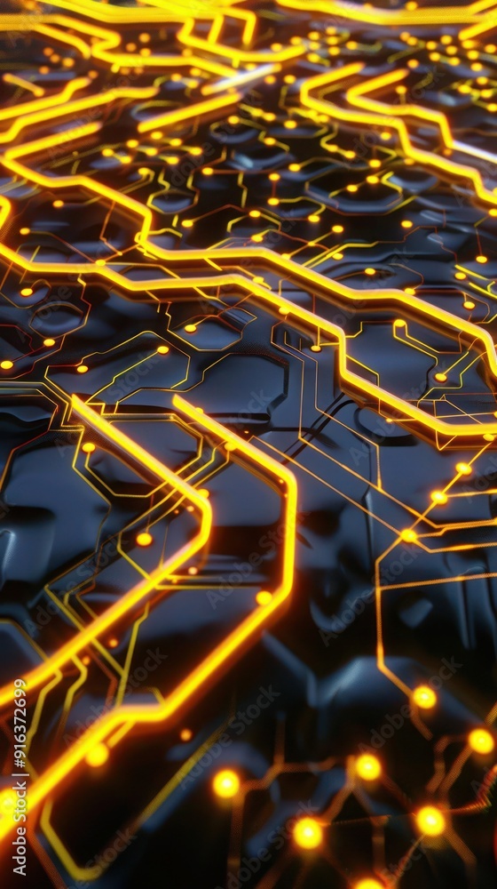 Poster a modern 3d abstract background featuring neon yellow circuit patterns glowing brilliantly on a dark