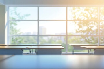 Fototapeta premium Beautiful blurred background of bright classroom and study room with panoramic windows and beautiful lighting. Blurred Empty school background with generative ai
