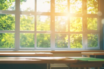 Fototapeta premium Beautiful blurred background of bright classroom and study room with panoramic windows and beautiful lighting. Blurred Empty school background with generative ai