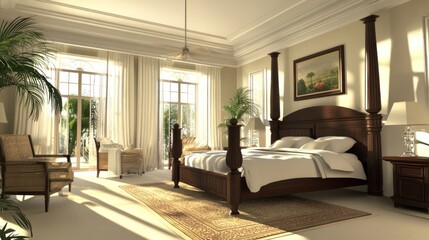 Fototapeta premium A spacious bedroom with a four-poster bed, white curtains, a ceiling fan, and a large window with a view of palm trees.