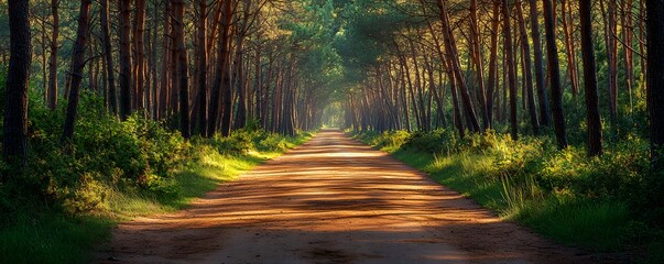 Obraz premium An inviting sandy pathway leading through a serene pine forest, dappled with sunlight, promising a tranquil nature walk ahead.